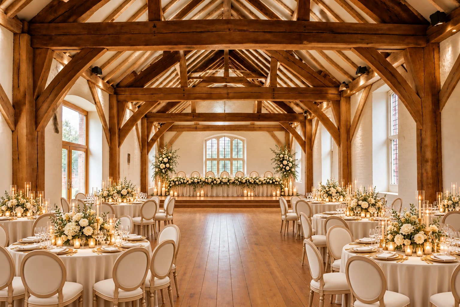 Oak barn wedding reception in Classic Elegance style, with guest dining tables and a raised wedding-party top table at the back