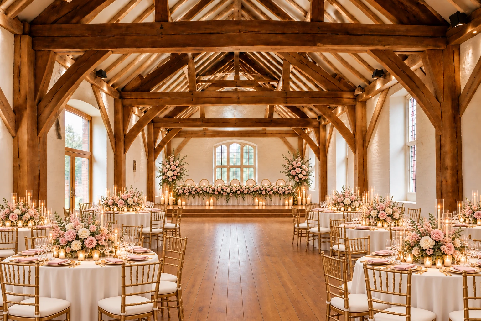 Oak barn wedding reception in Garden Romance style, with guest dining tables and a raised wedding-party top table at the back