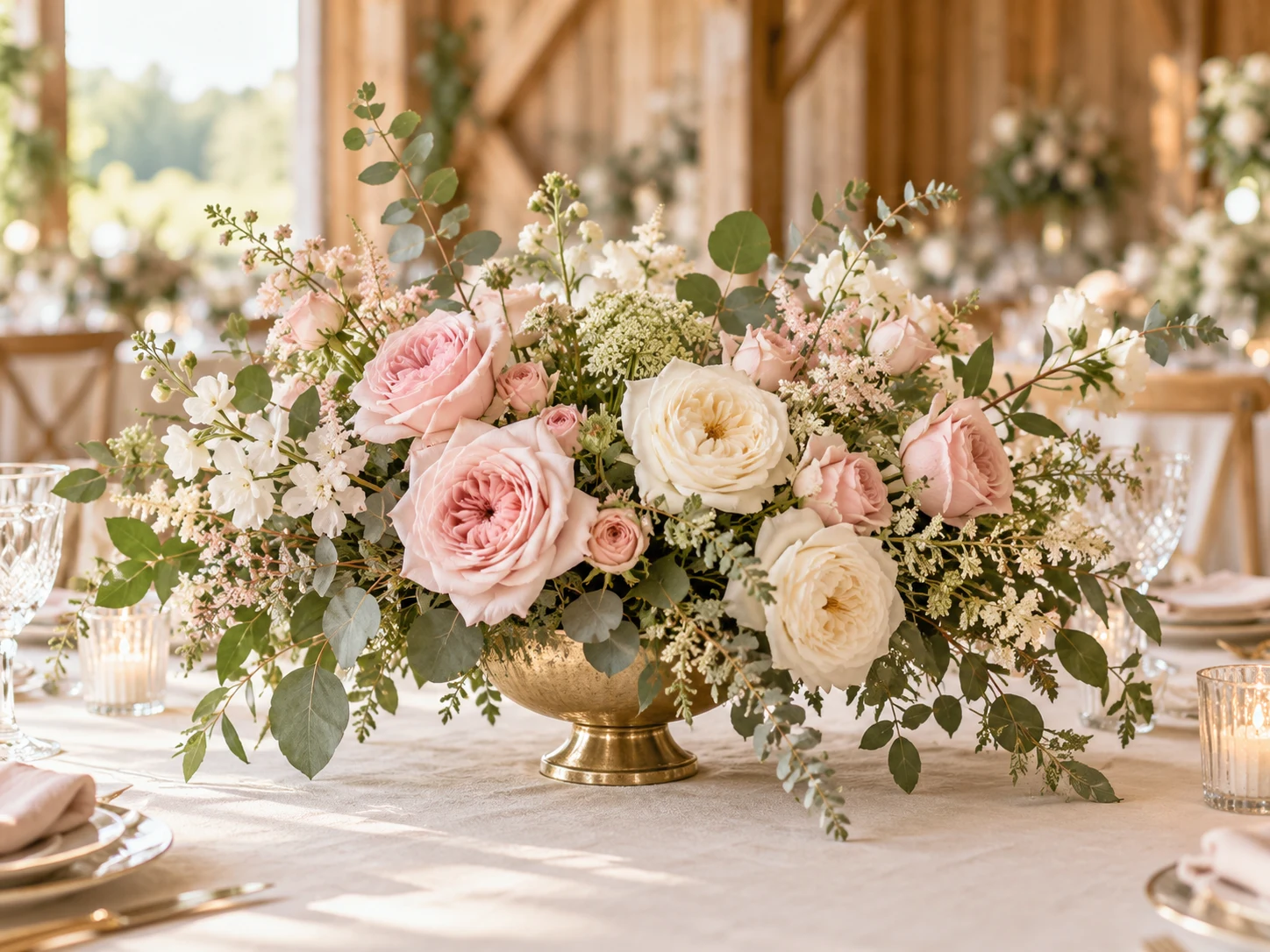 Blush and ivory rose centrepiece with eucalyptus on a wedding reception table